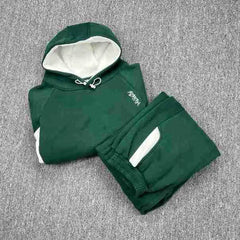 Mertra Contrast Colorblock Fleece Tracksuit Set - Forest Green/White
