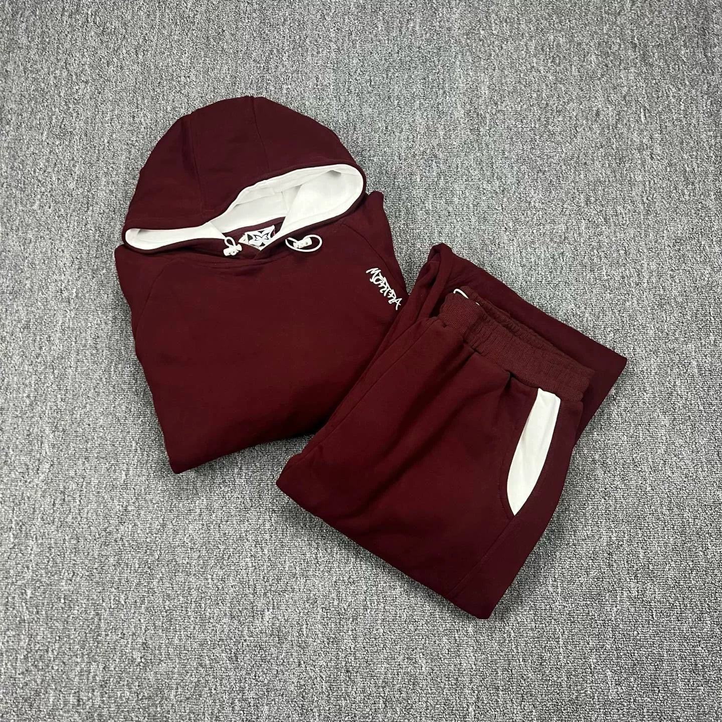 Mertra Contrast Colorblock Fleece Tracksuit Set - Burgundy/White