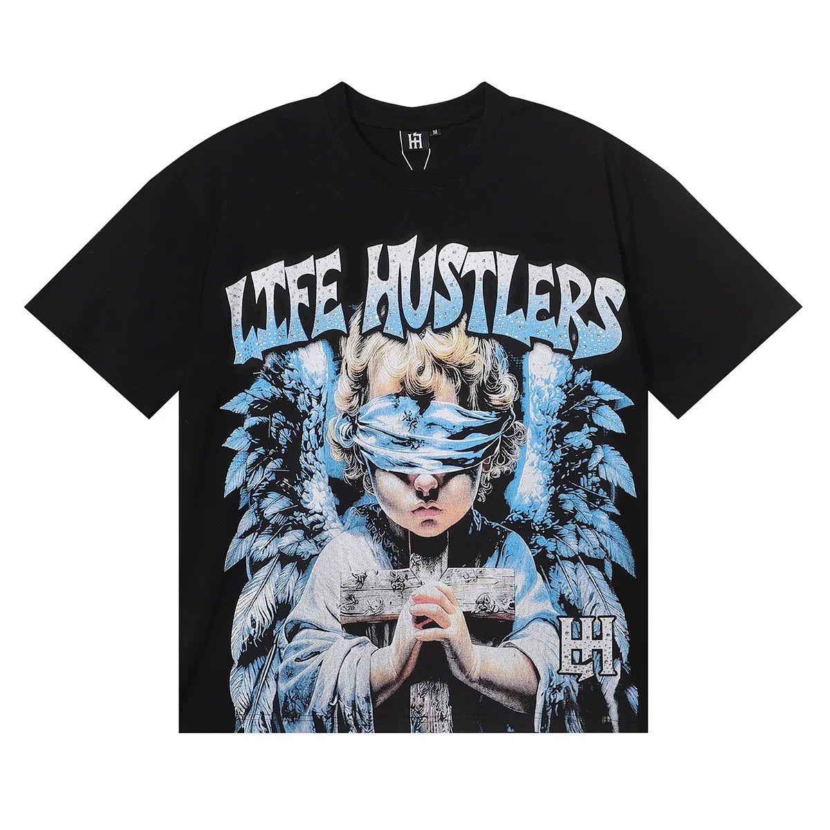 Life Hustlers Blindfolded Cherub Graphic Tee - Black (Blue Wings)