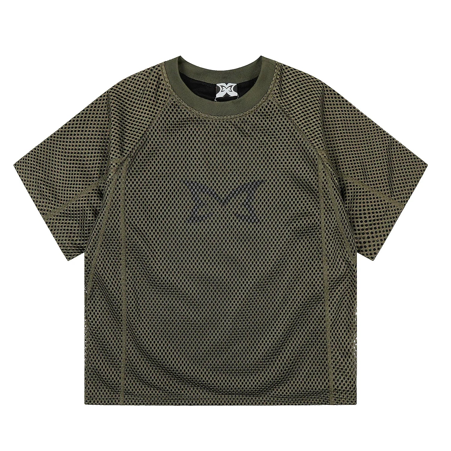 Mertra All-Over Monogram Mesh Raglan Tee - Olive Green